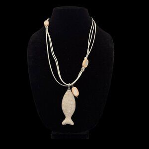 Chicos Beaded Fish 3 Strand Leather Chain Necklace Asymmetrical Silver Wood